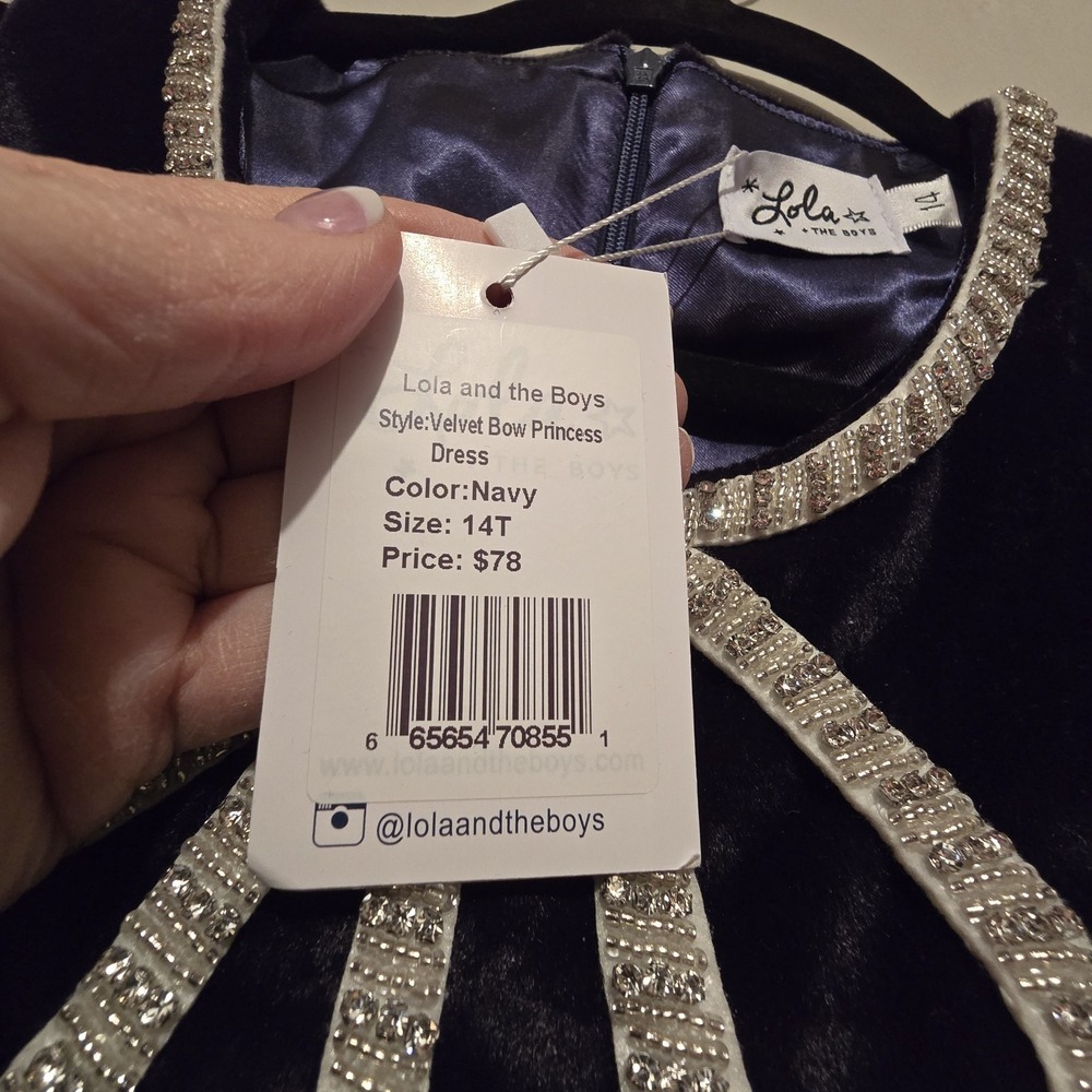 Lola & The Boys NWT Velvet Bow Princess Dress Girls Sz 14 Navy Beaded Lined NEW - Picture 6 of 11